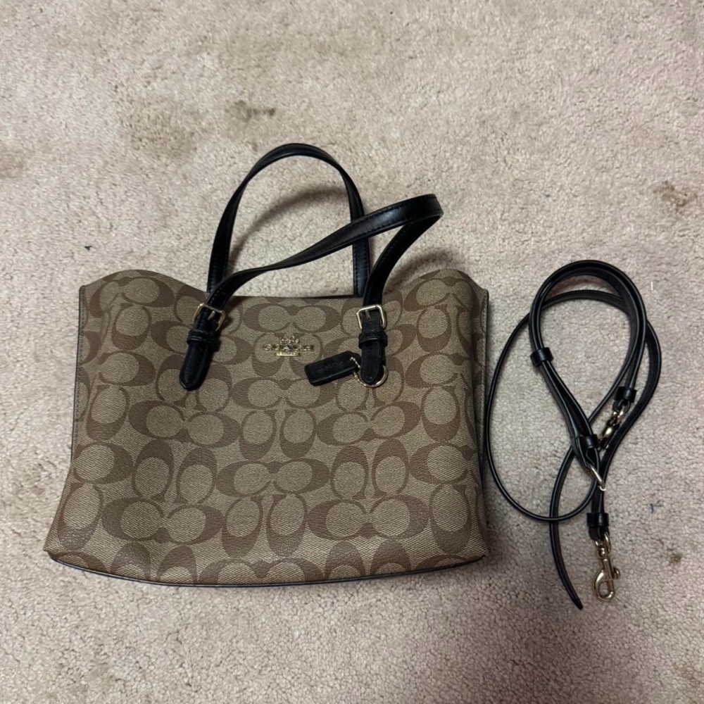 Coach Tan and Black Signature Shoulder Bag